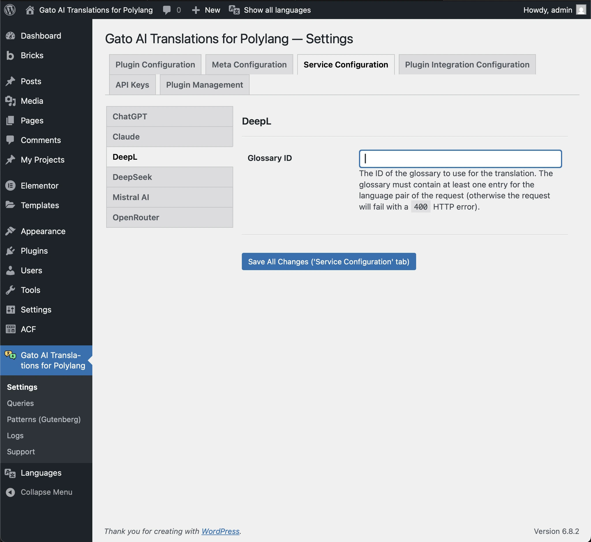 Configurando o ID do glossário para o DeepL