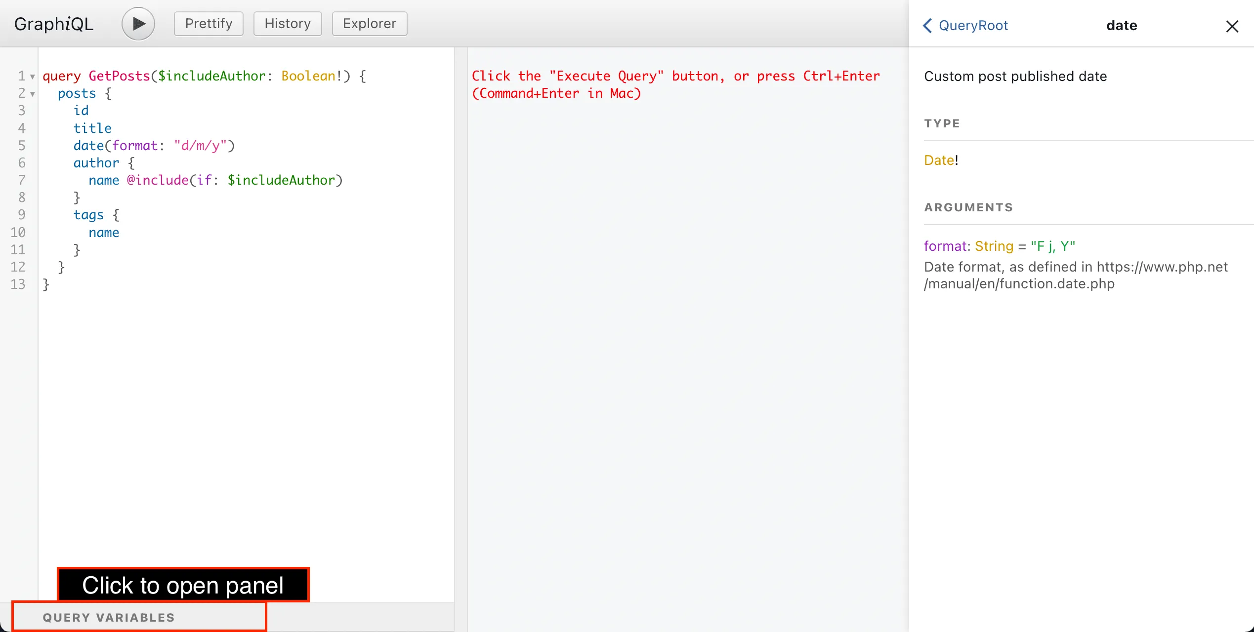Abrindo o painel Query variables Abrindo o painel Query variables