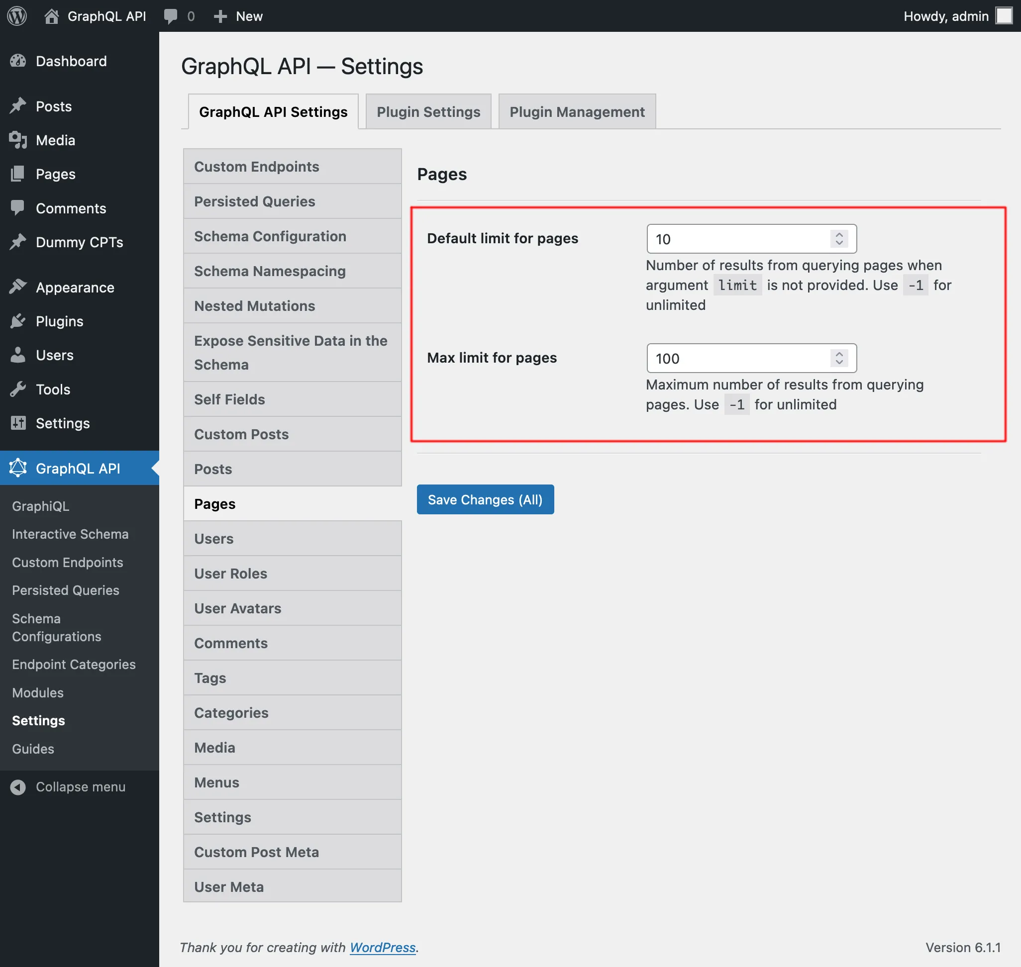 Configurações para limites de Page Configurações para limites de Page
