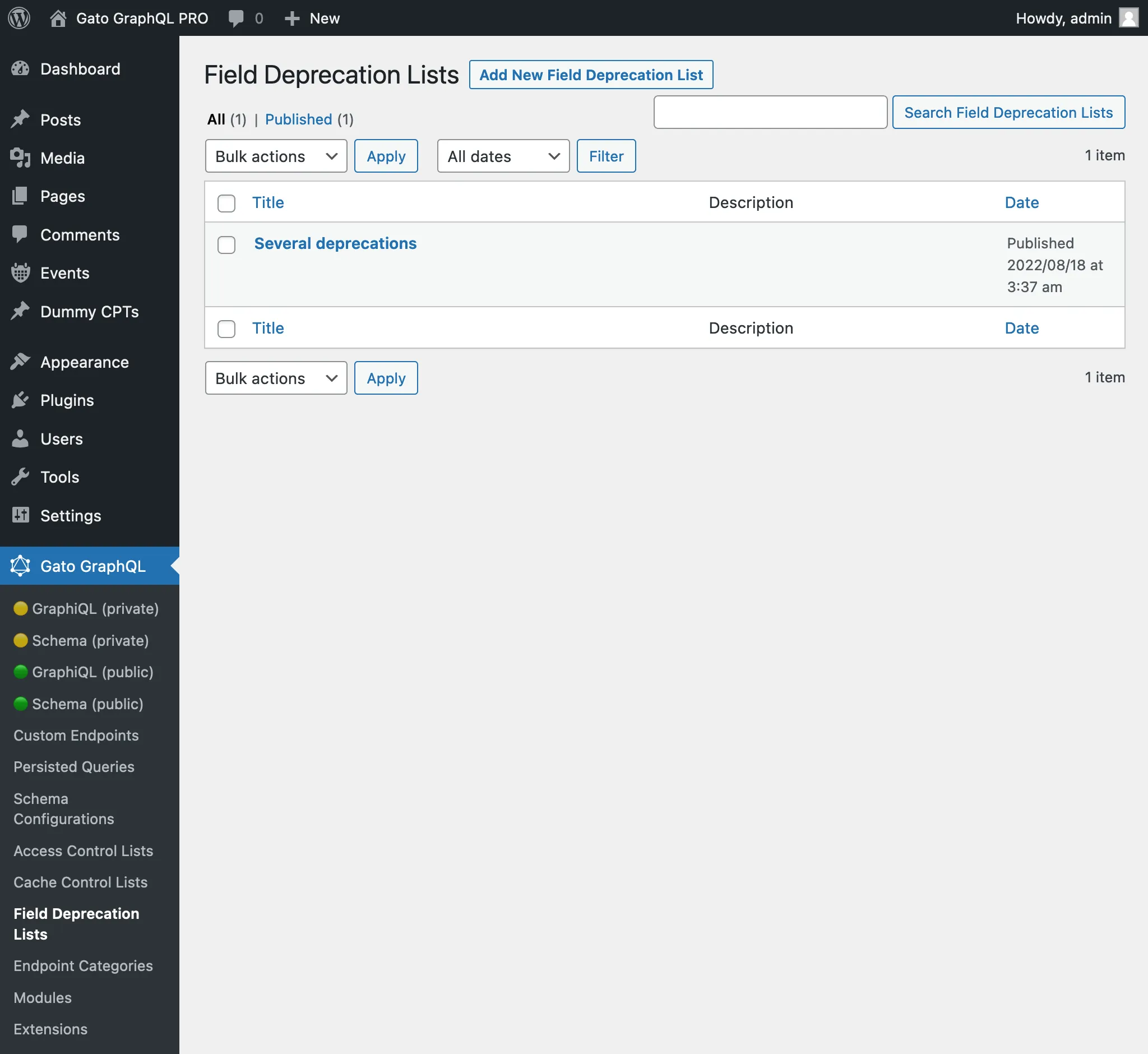 Field Deprecation Lists no painel de administração