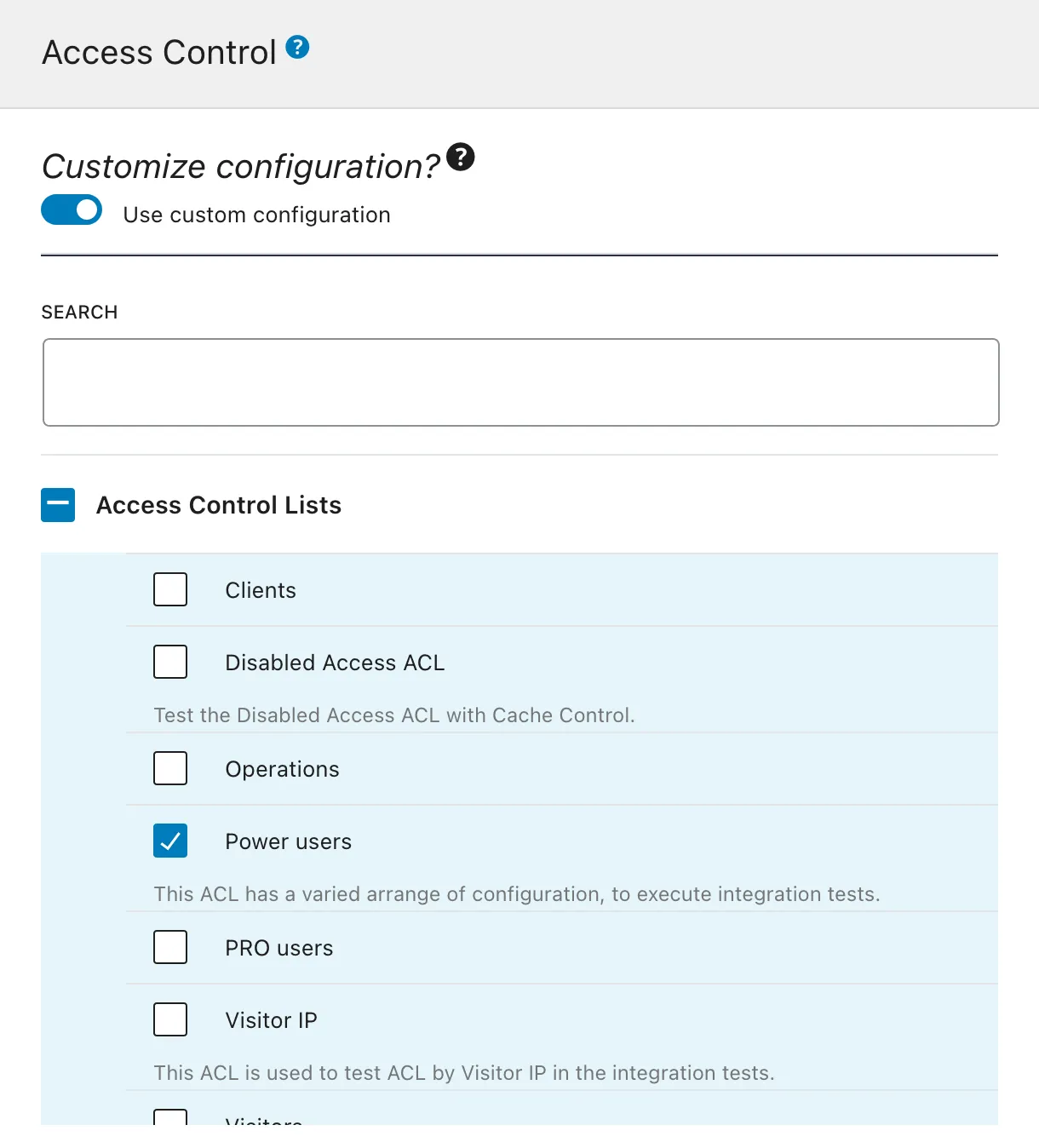 Selecionando uma lista de controle de acesso na Configuração do Schema