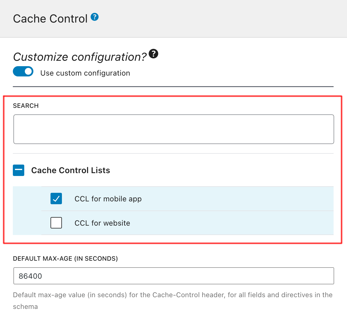 Selecionando uma lista de controle de cache na Configuração de Schema Selecionando uma lista de controle de cache na Configuração de Schema