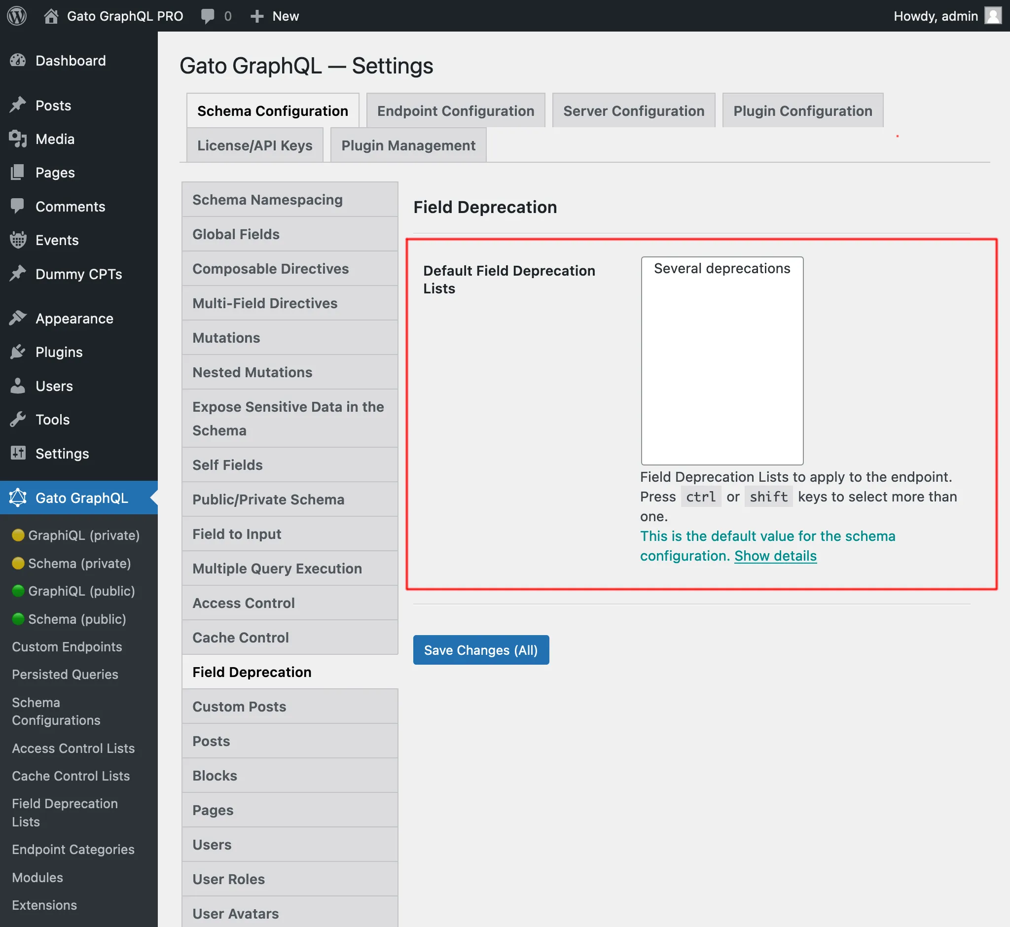 Selecionando as Field Deprecation Lists padrão na página de Configurações Selecionando as Field Deprecation Lists padrão na página de Configurações