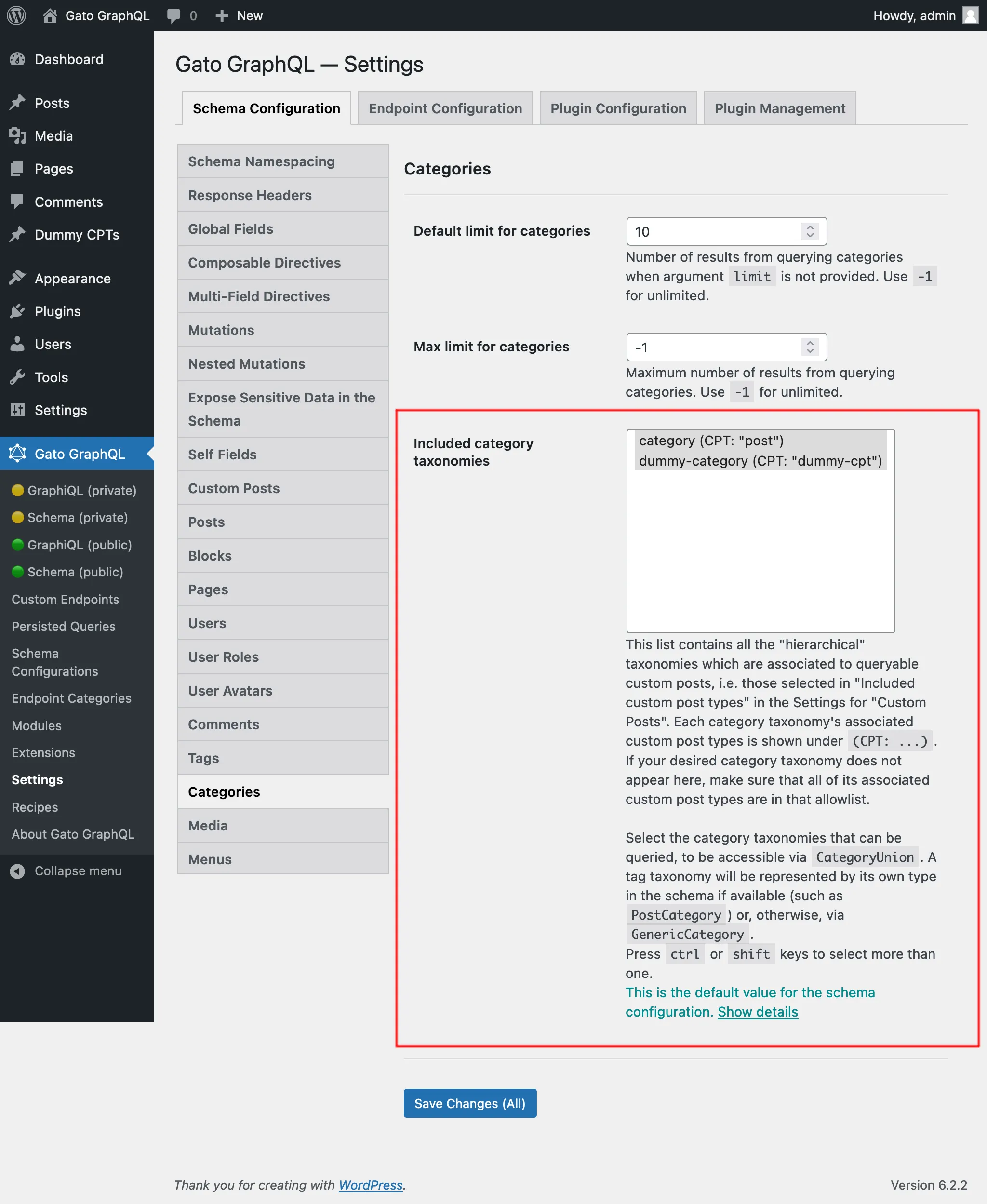 Selecionando as taxonomias de categorias permitidas nas Configurações
