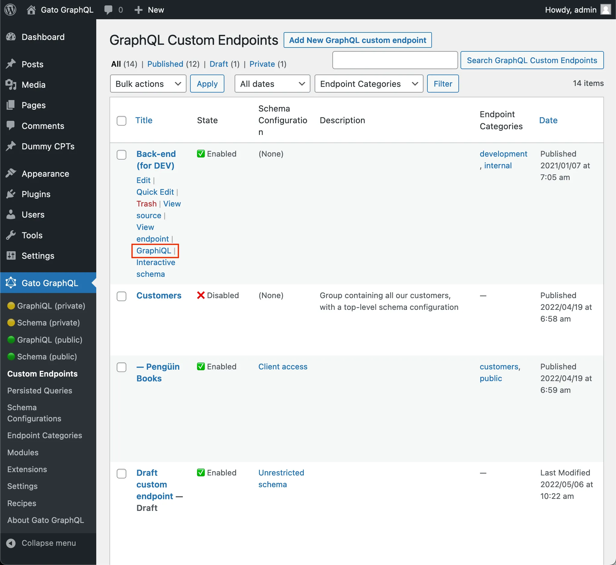 Link para o cliente GraphiQL do custom endpoint na lista