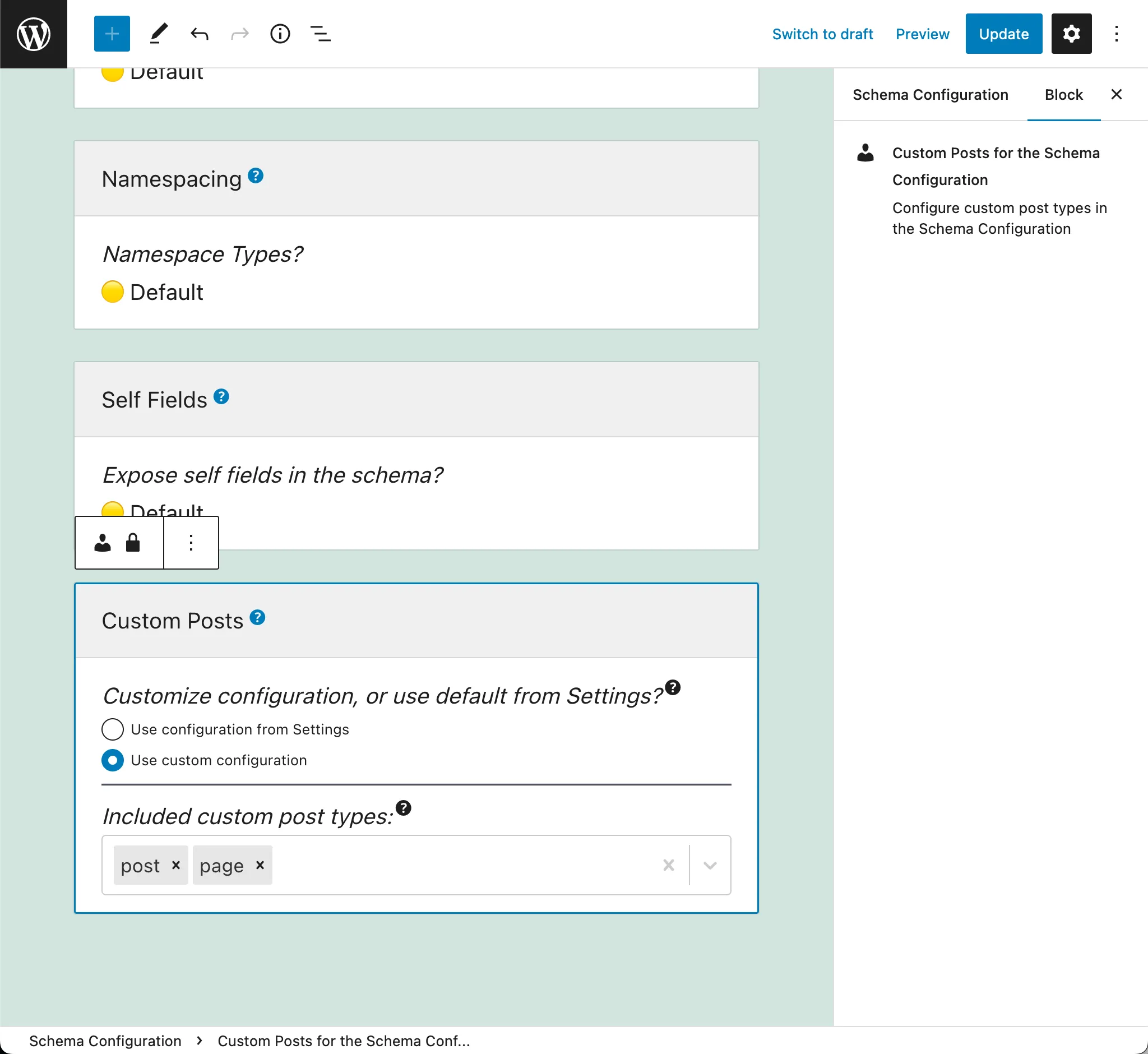 Selecionando os Custom Post Types permitidos na Configuração de Schema Selecionando os Custom Post Types permitidos na Configuração de Schema