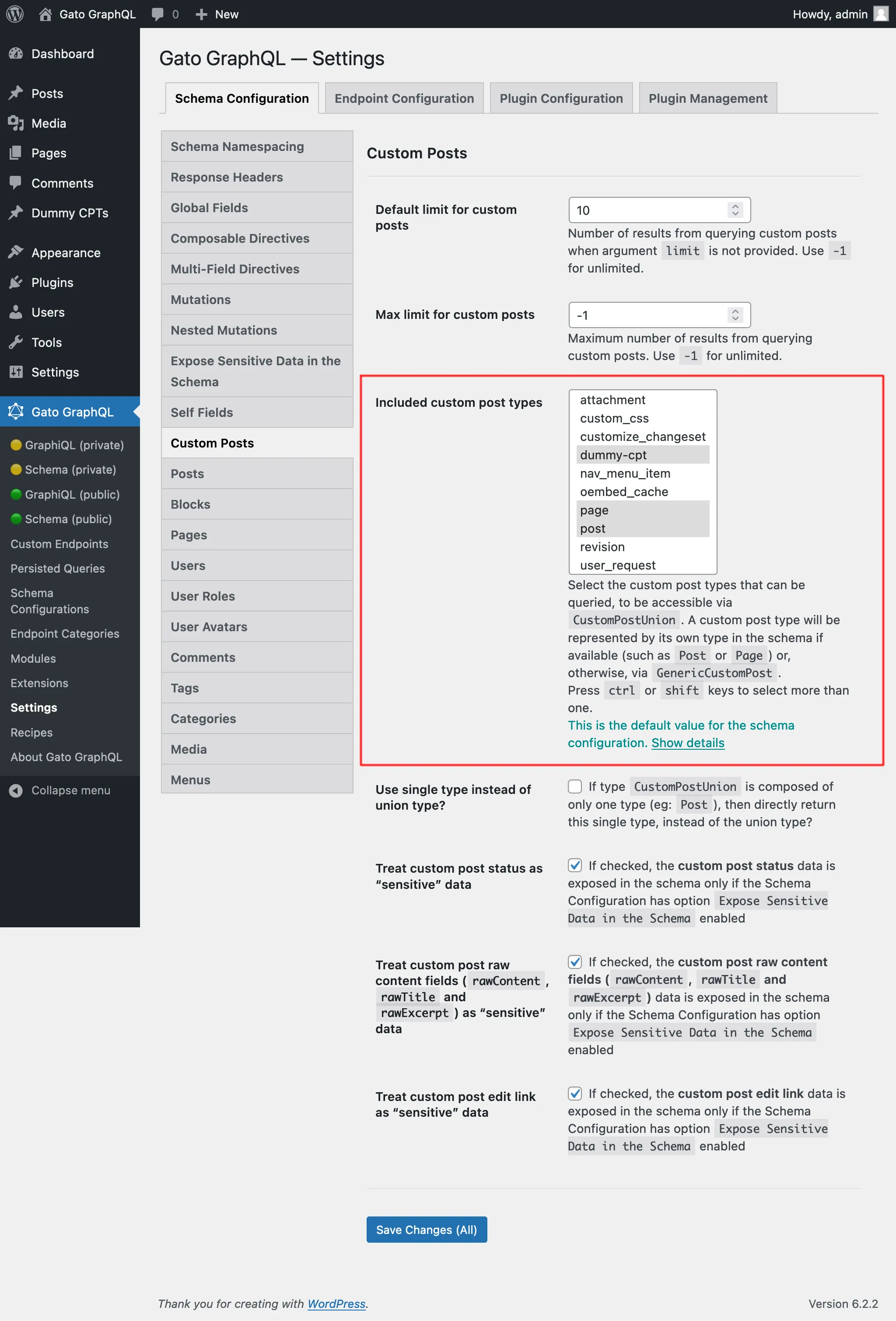 Selecionando os Custom Post Types permitidos nas Configurações