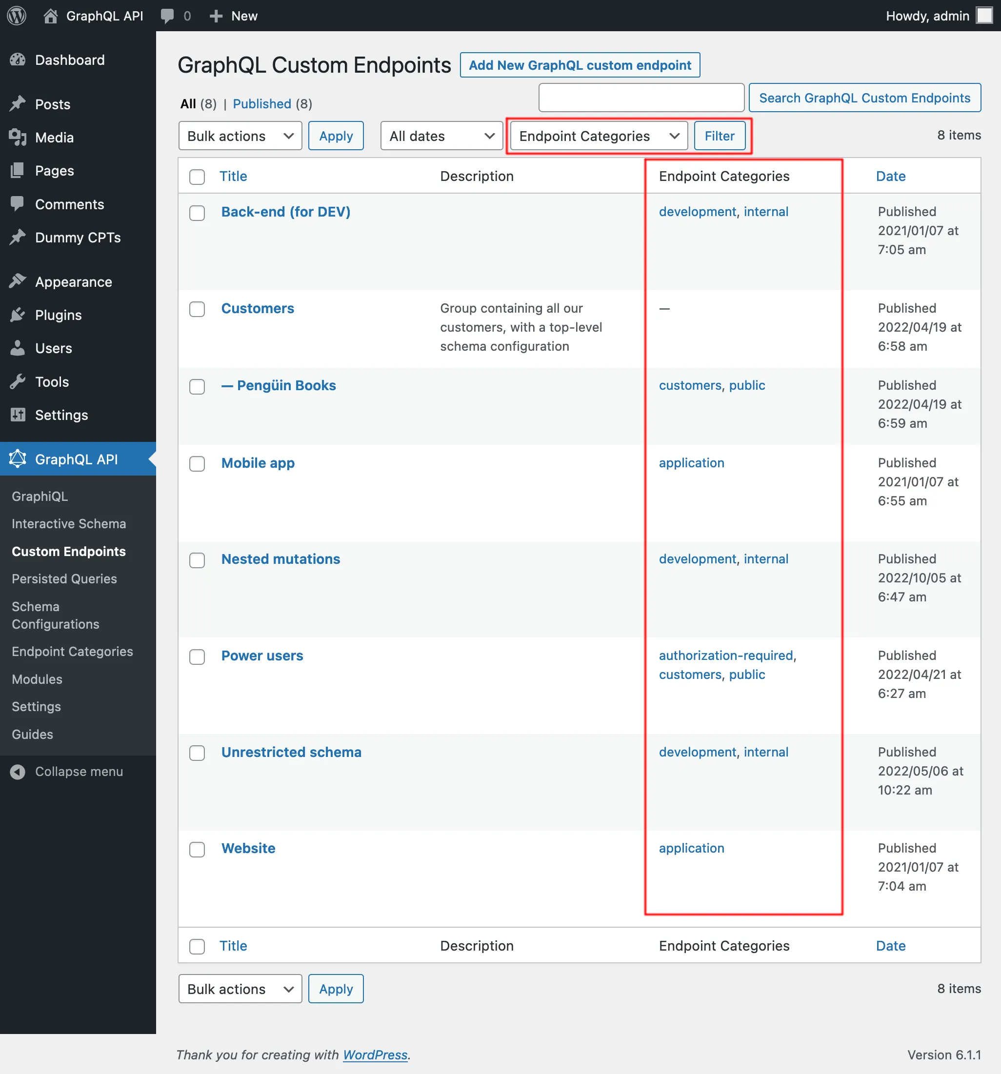 Lista de Custom Endpoints com suas categorias Lista de Custom Endpoints com suas categorias