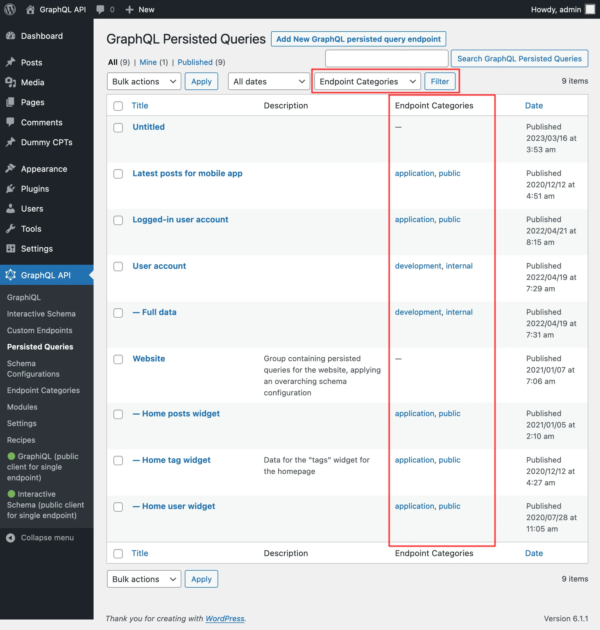 Lista de Queries Persistidas com suas categorias