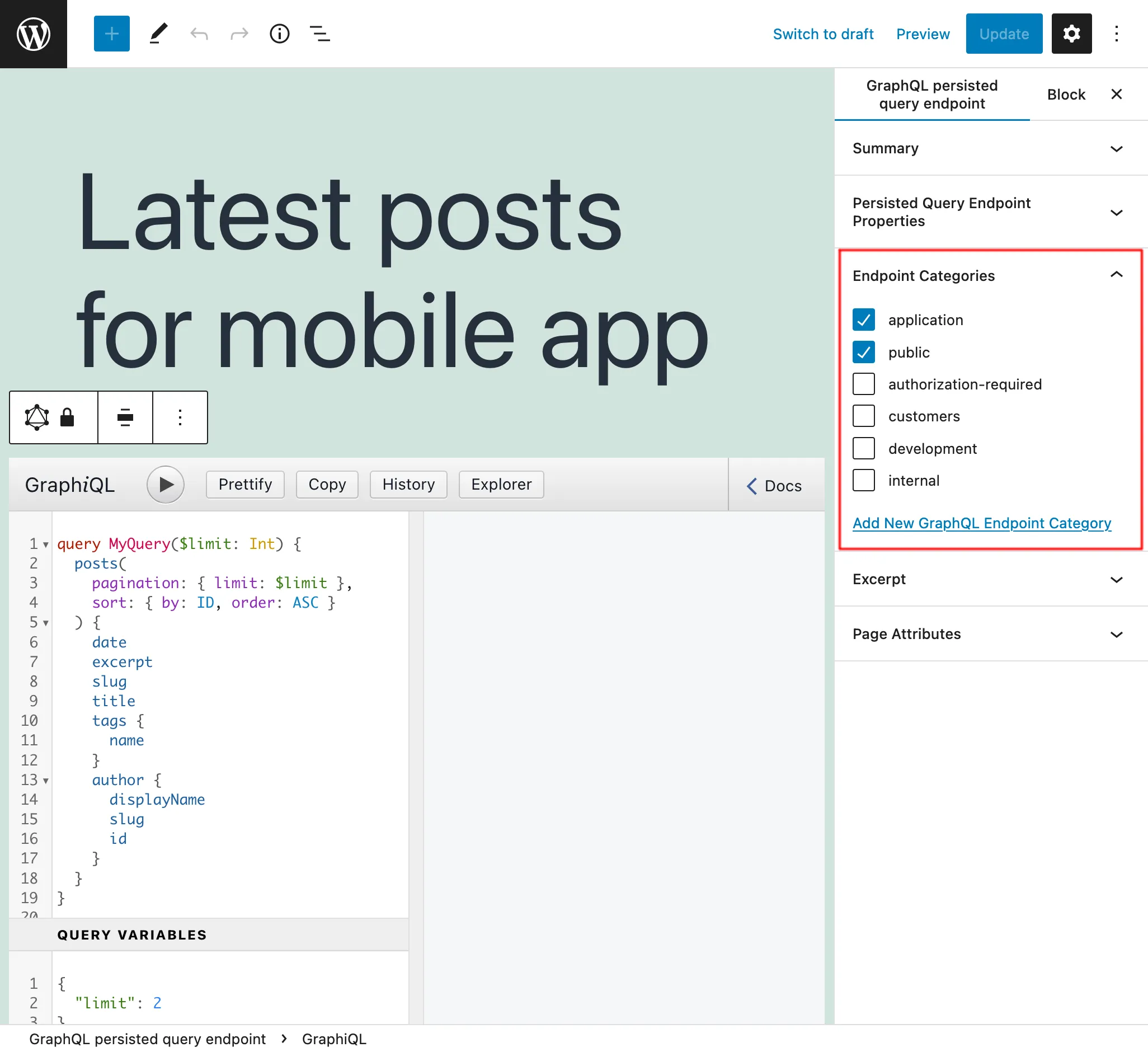 Categorias de endpoint ao editar uma Query Persistida