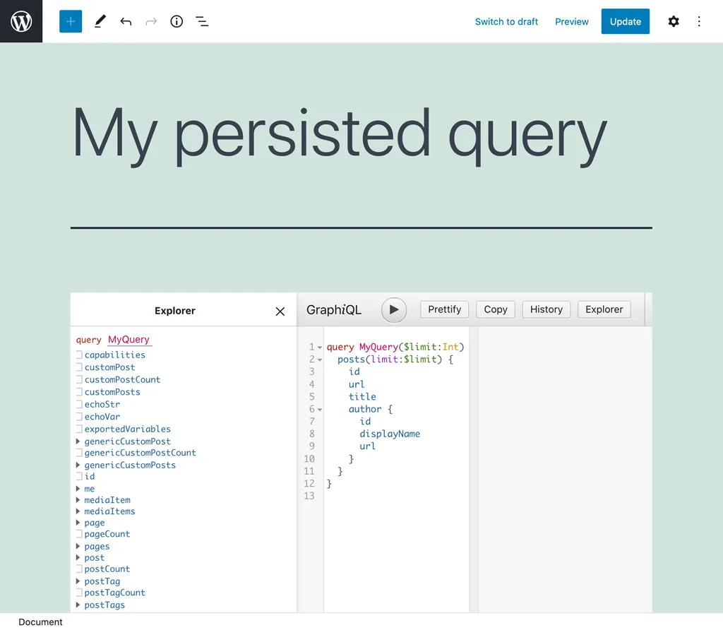 O cliente GraphiQL da query persistente O cliente GraphiQL da query persistente