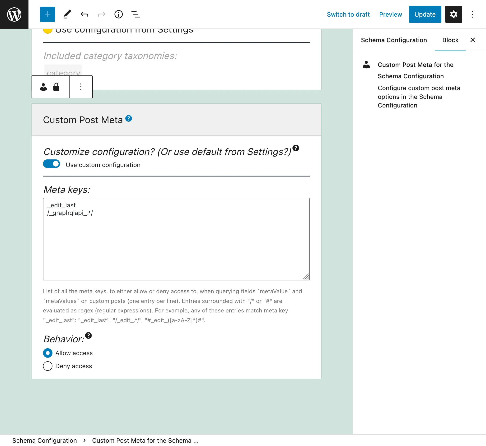 Definindo as entradas na Configuração de Schema Definindo as entradas na Configuração de Schema