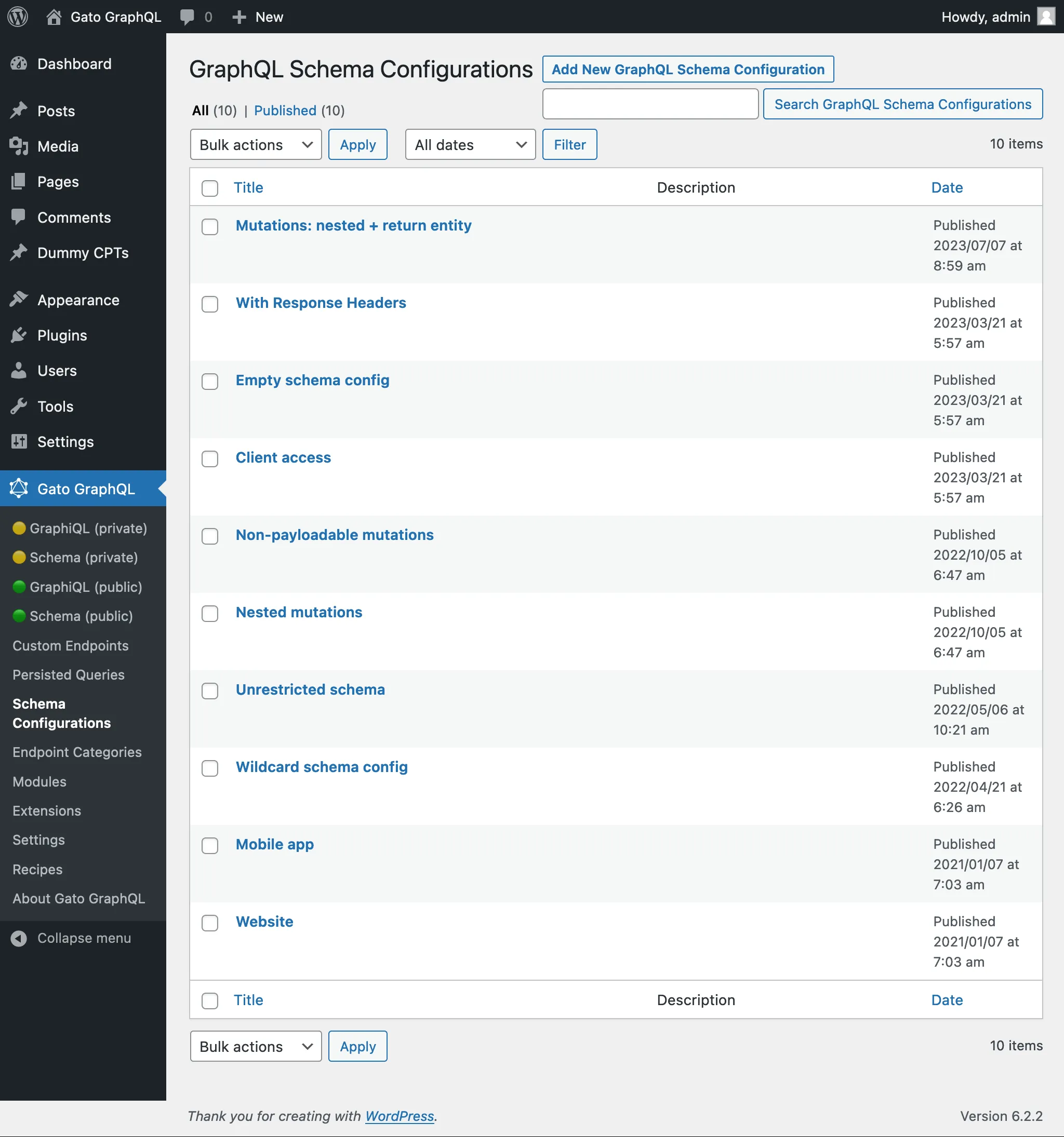 Configurações de Schema no admin