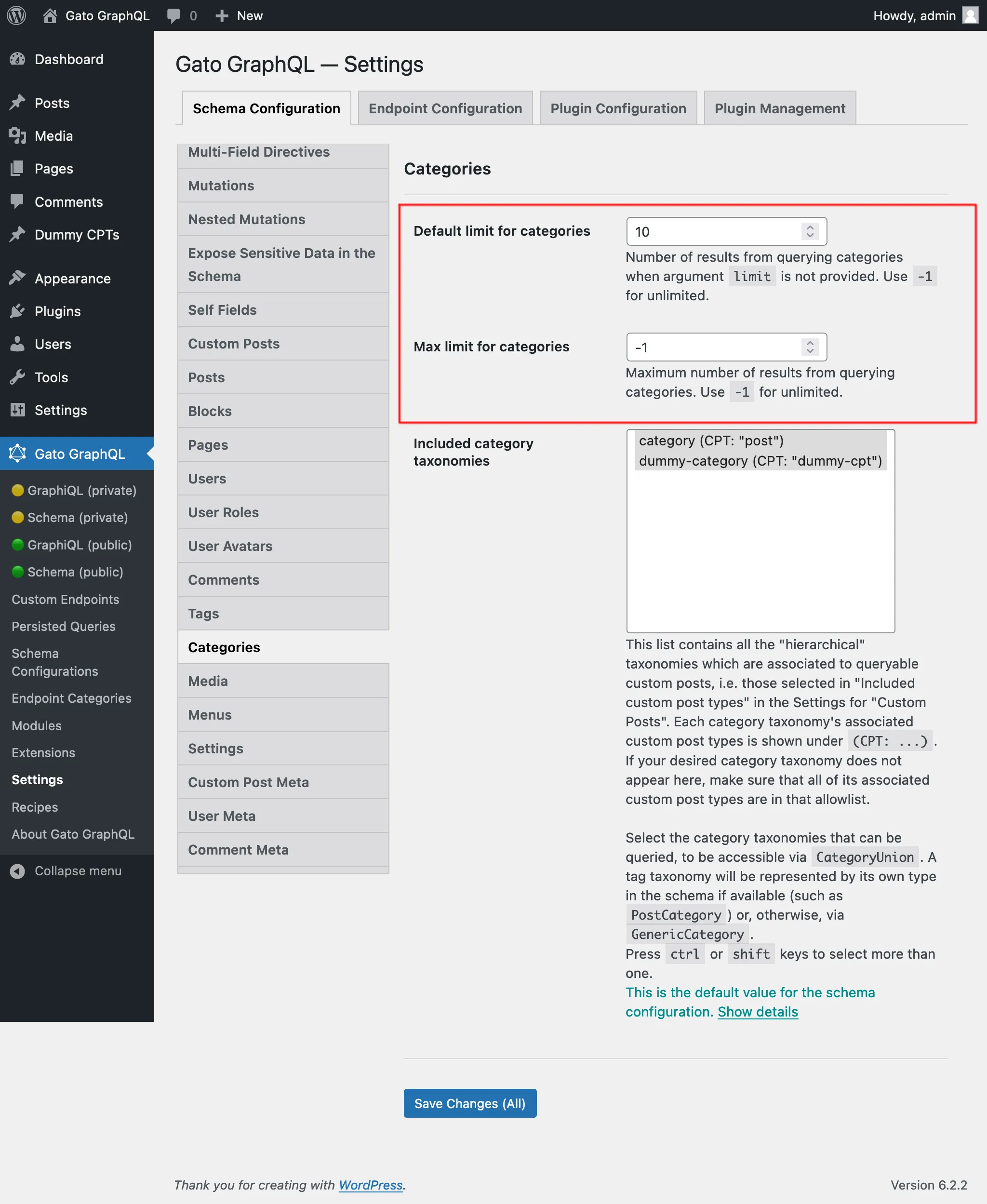 Configurações para limites de Category