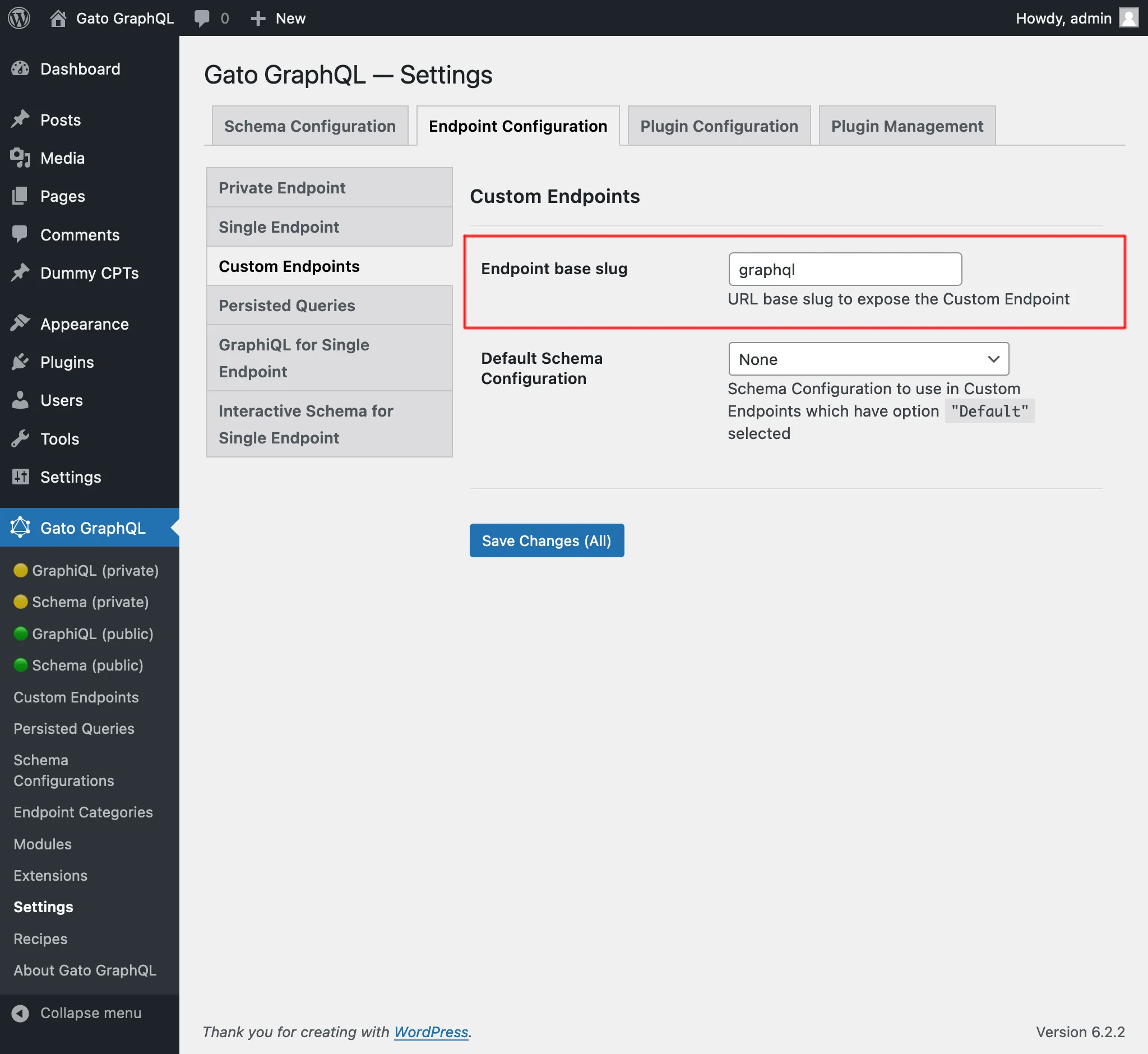 Configurações do endpoint personalizado