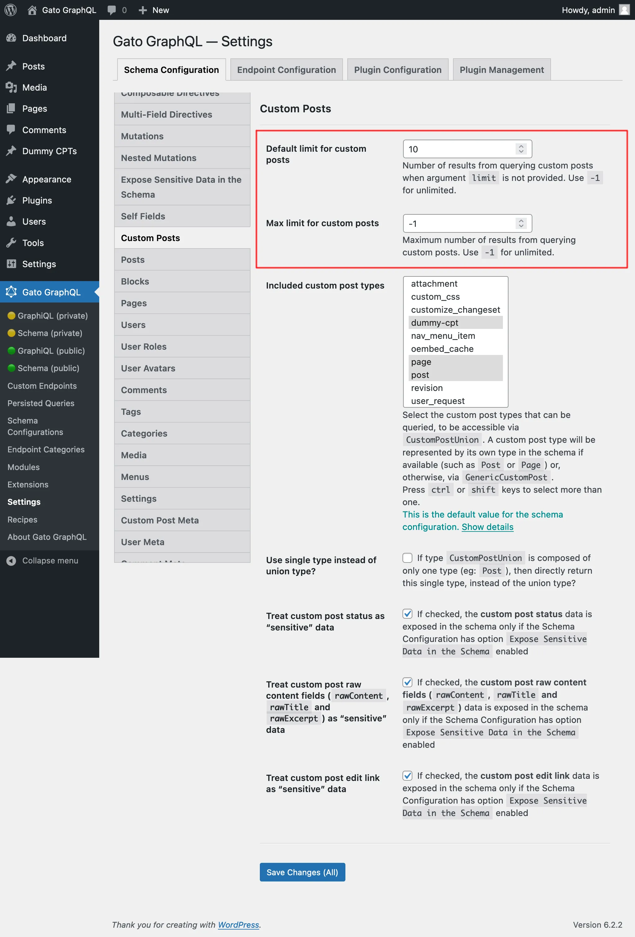Configurações para limites de Custom Post