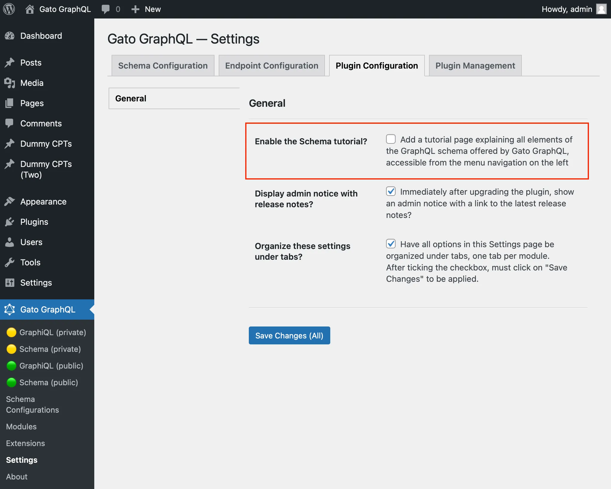 Habilitando a página do tutorial do Schema nas Configurações