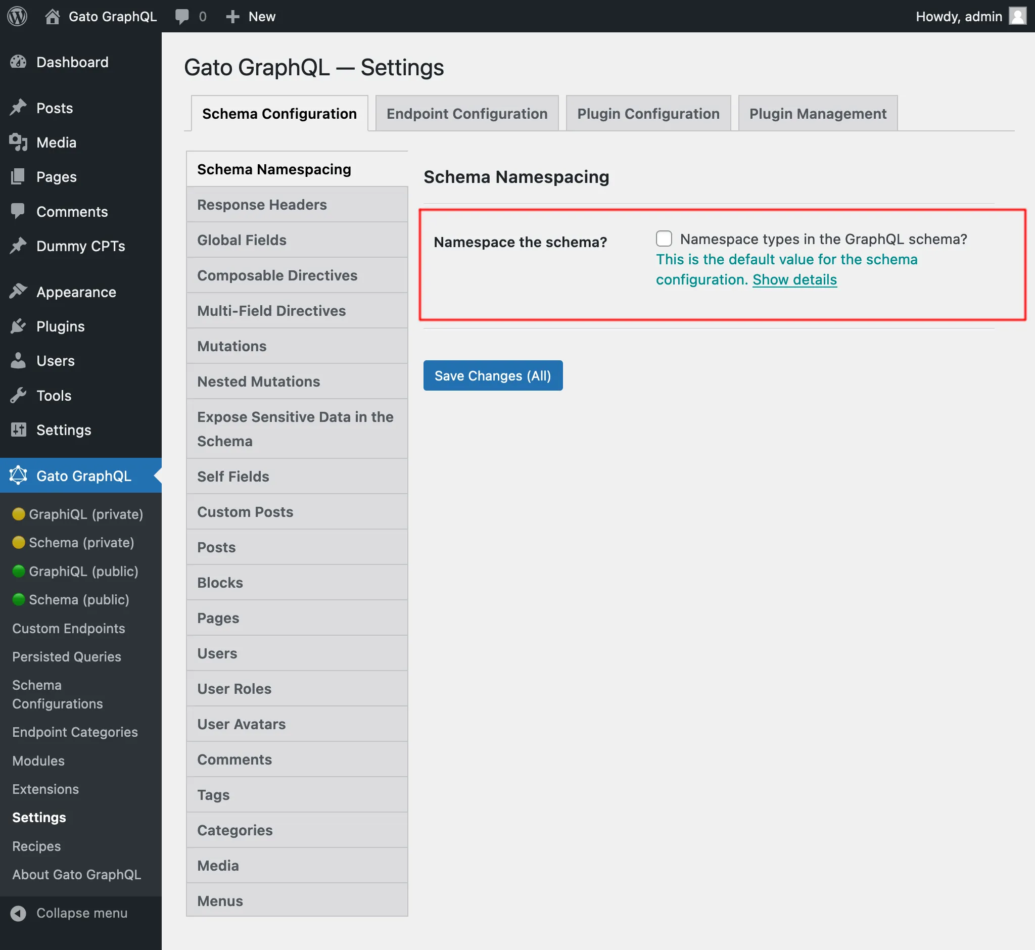 Namespacing nas Configurações