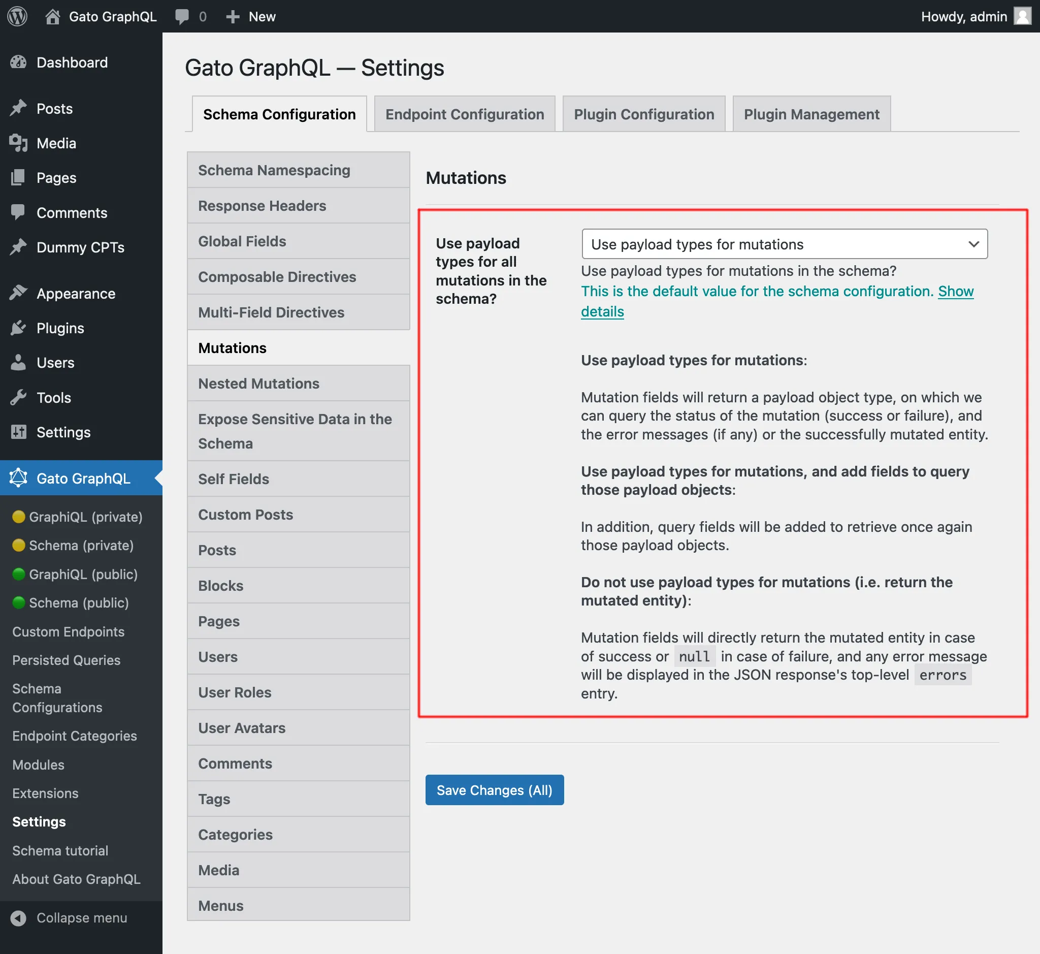 Definindo se e como usar tipos de objeto payload para mutations, nas Configurações