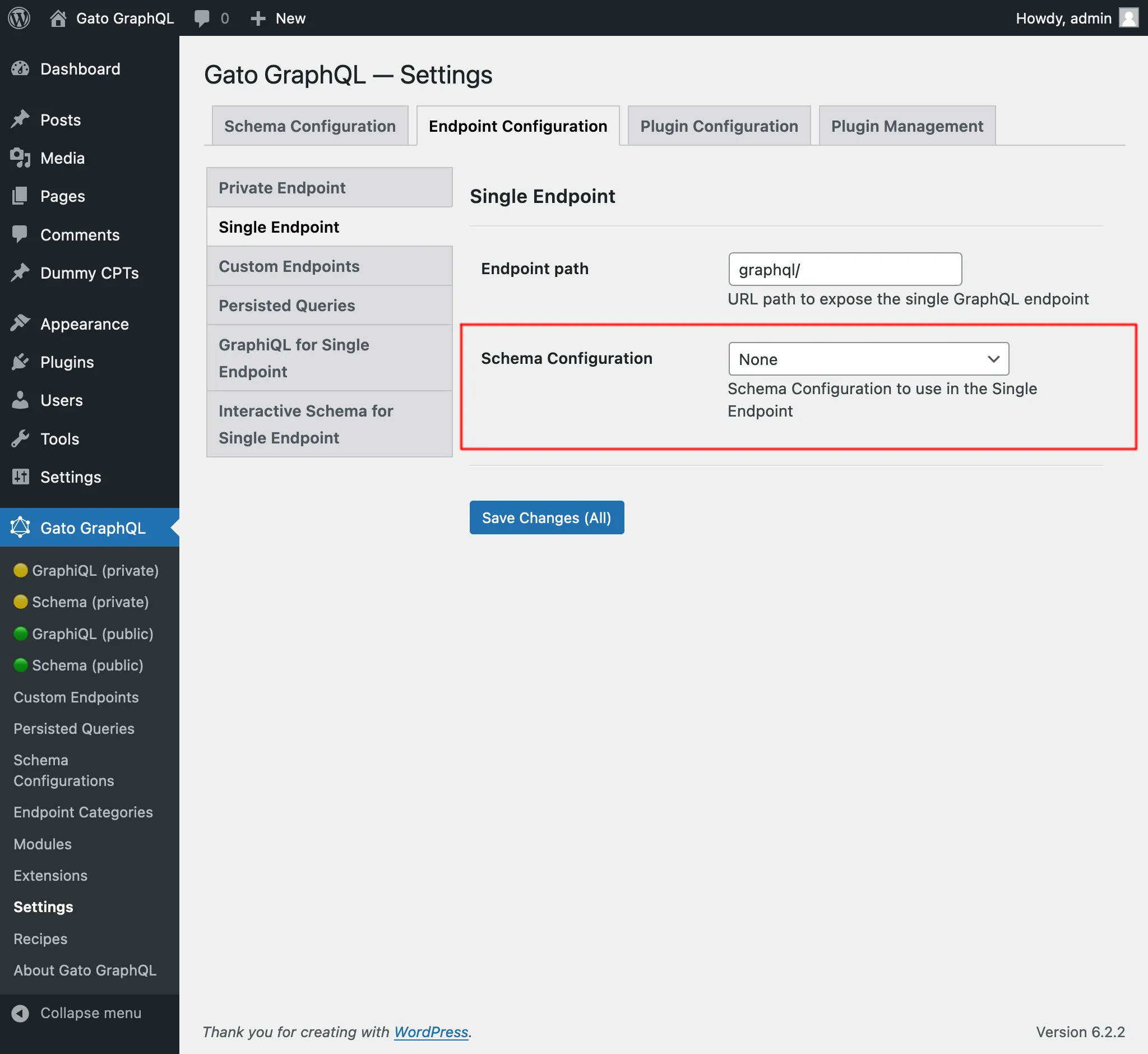 Configurações para a Configuração de Schema do Single Endpoint