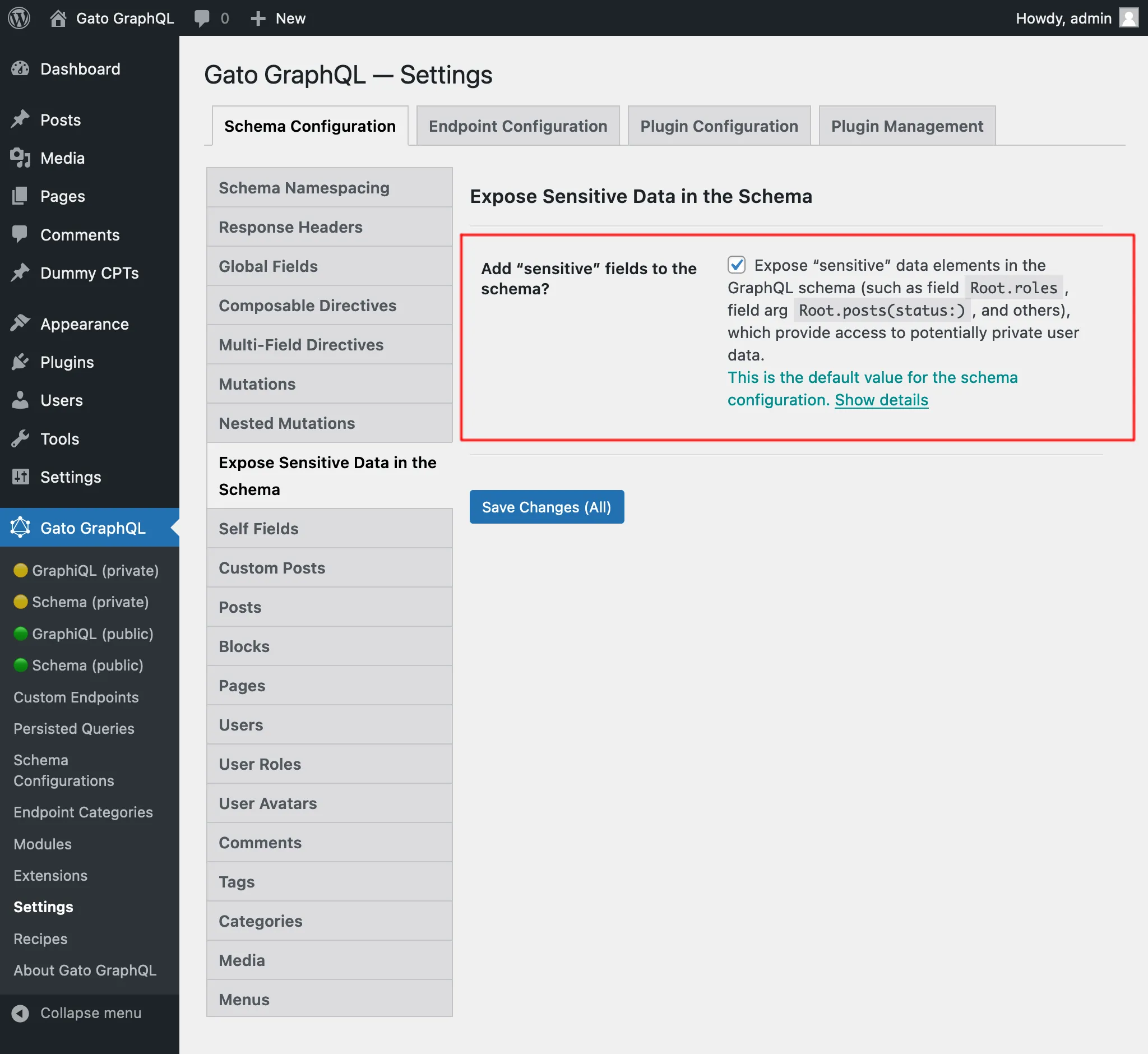 Configuração dos elementos de dados sensíveis para a schema configuration, nas Configurações