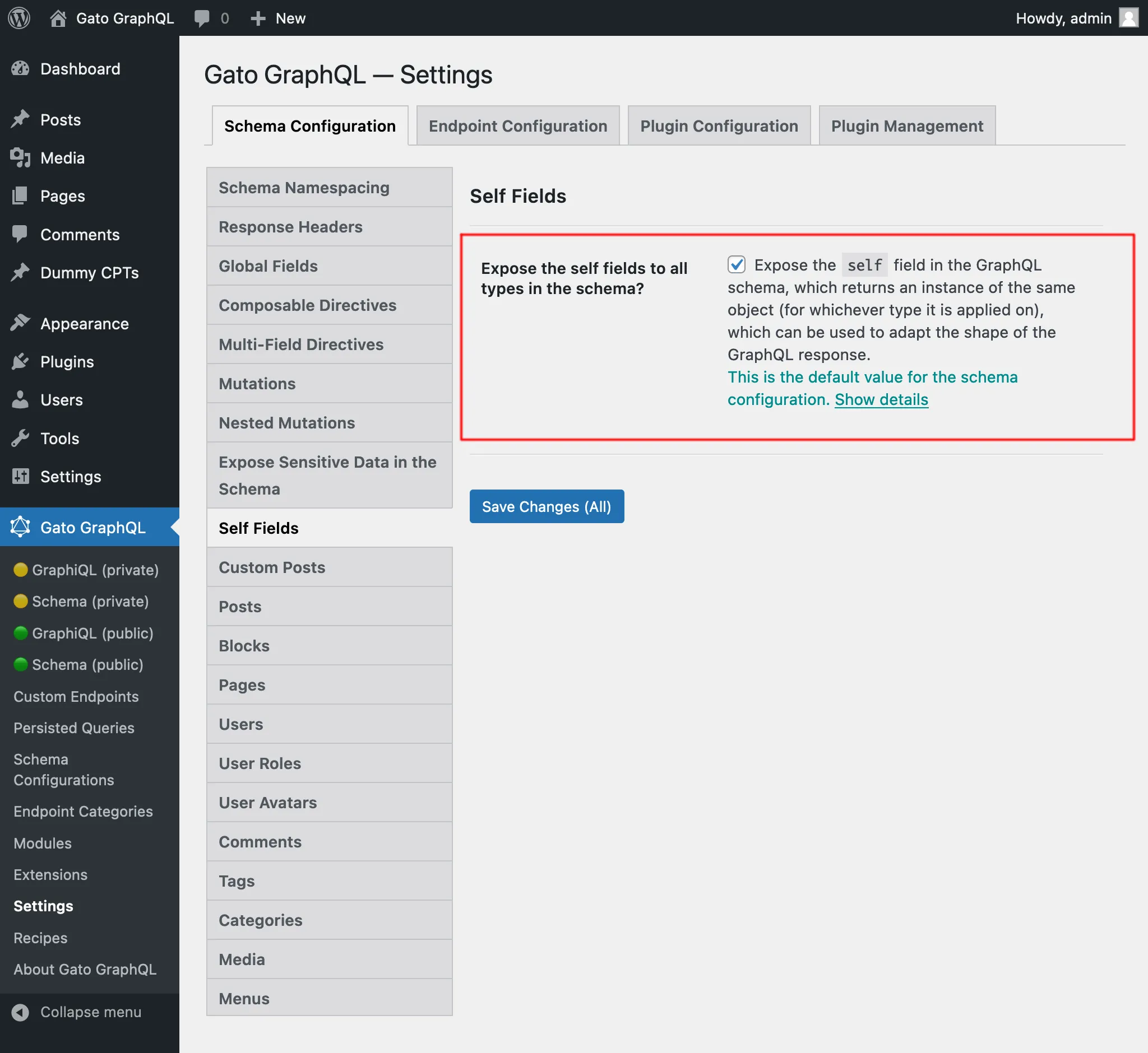 Configuração dos campos self para a schema configuration, nas Configurações