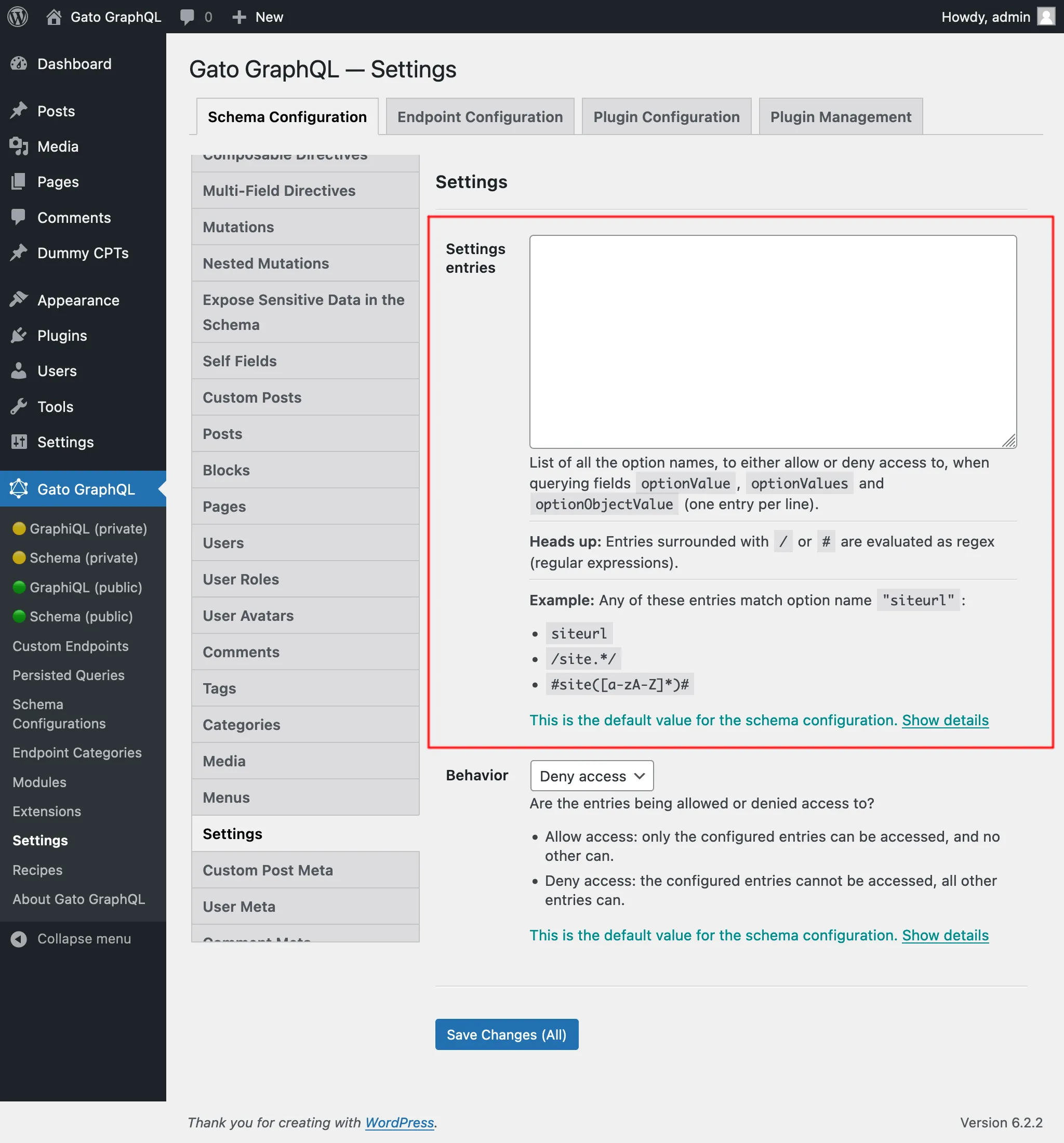 Adicionando opções à lista de permissões na página de configurações