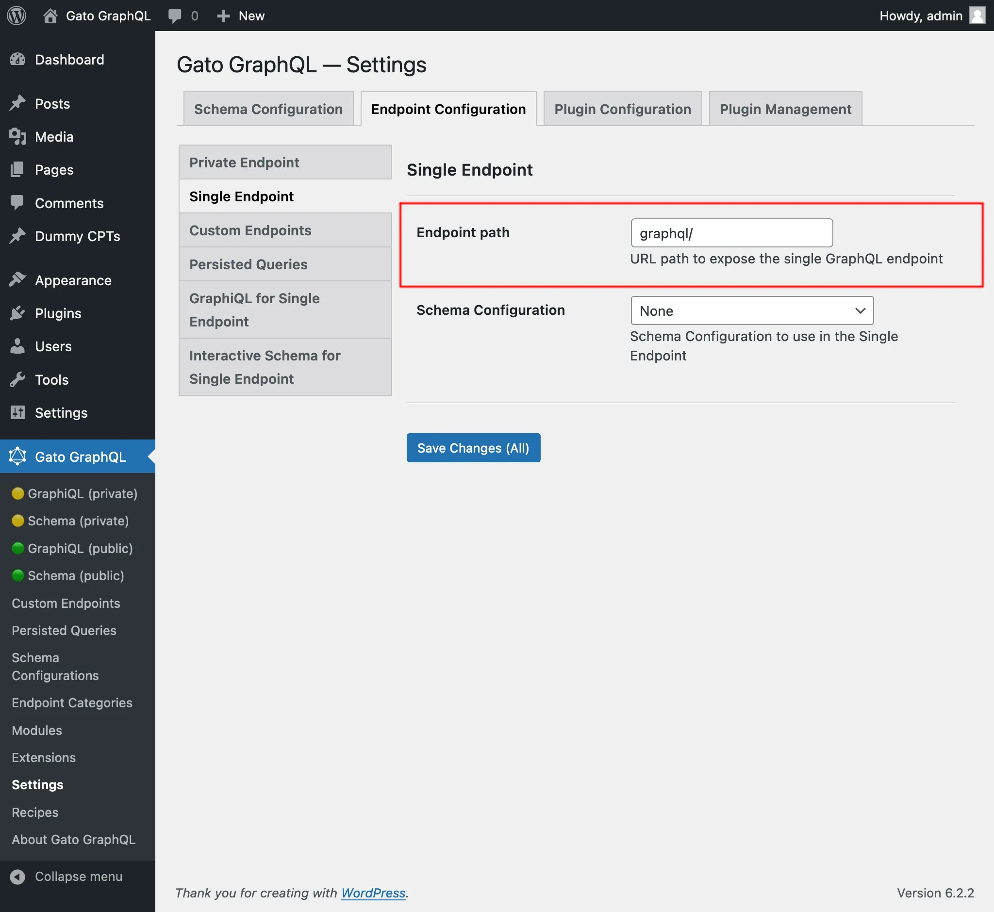 Single endpoint nas Configurações