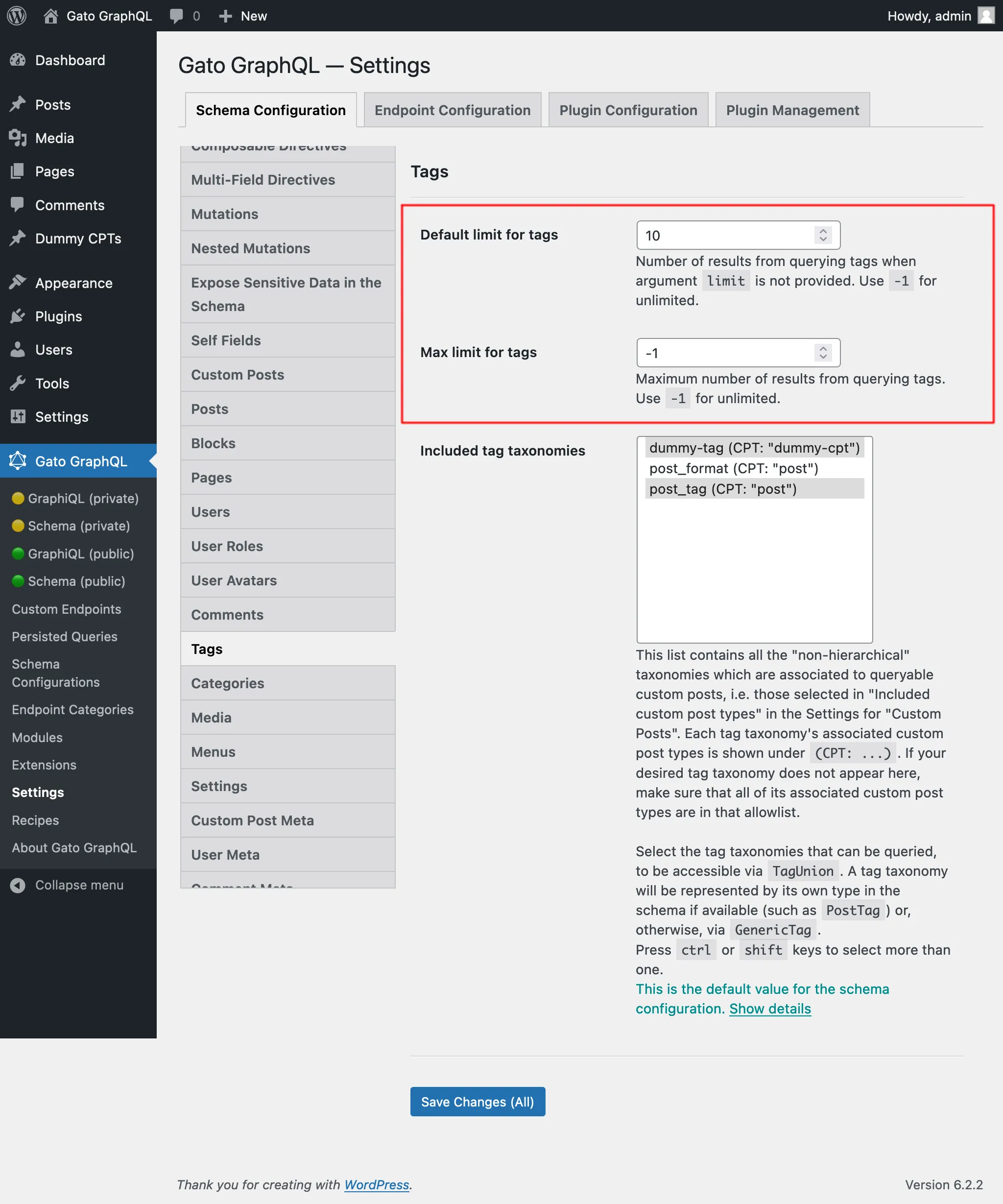 Configurações para limites de Tag