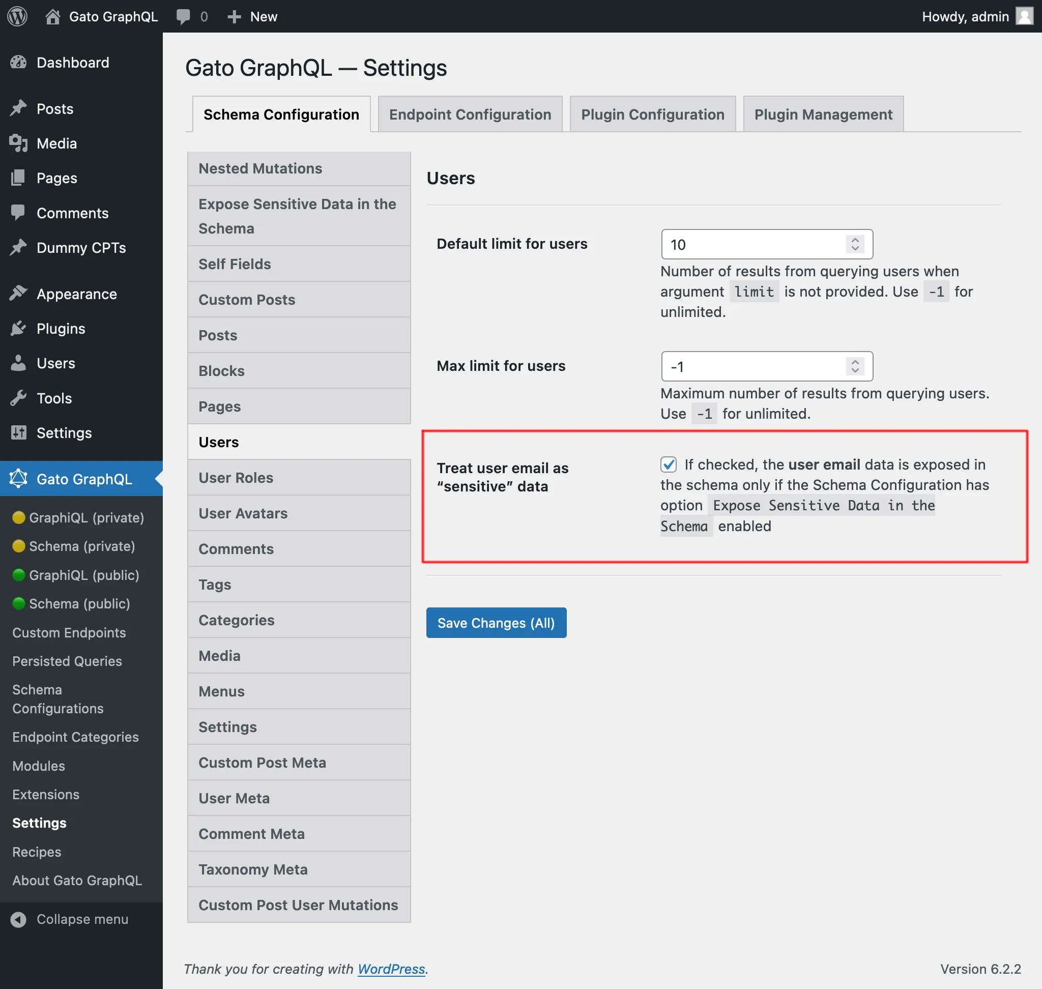 Configurações para tratar o e-mail do usuário como dado 'sensível'