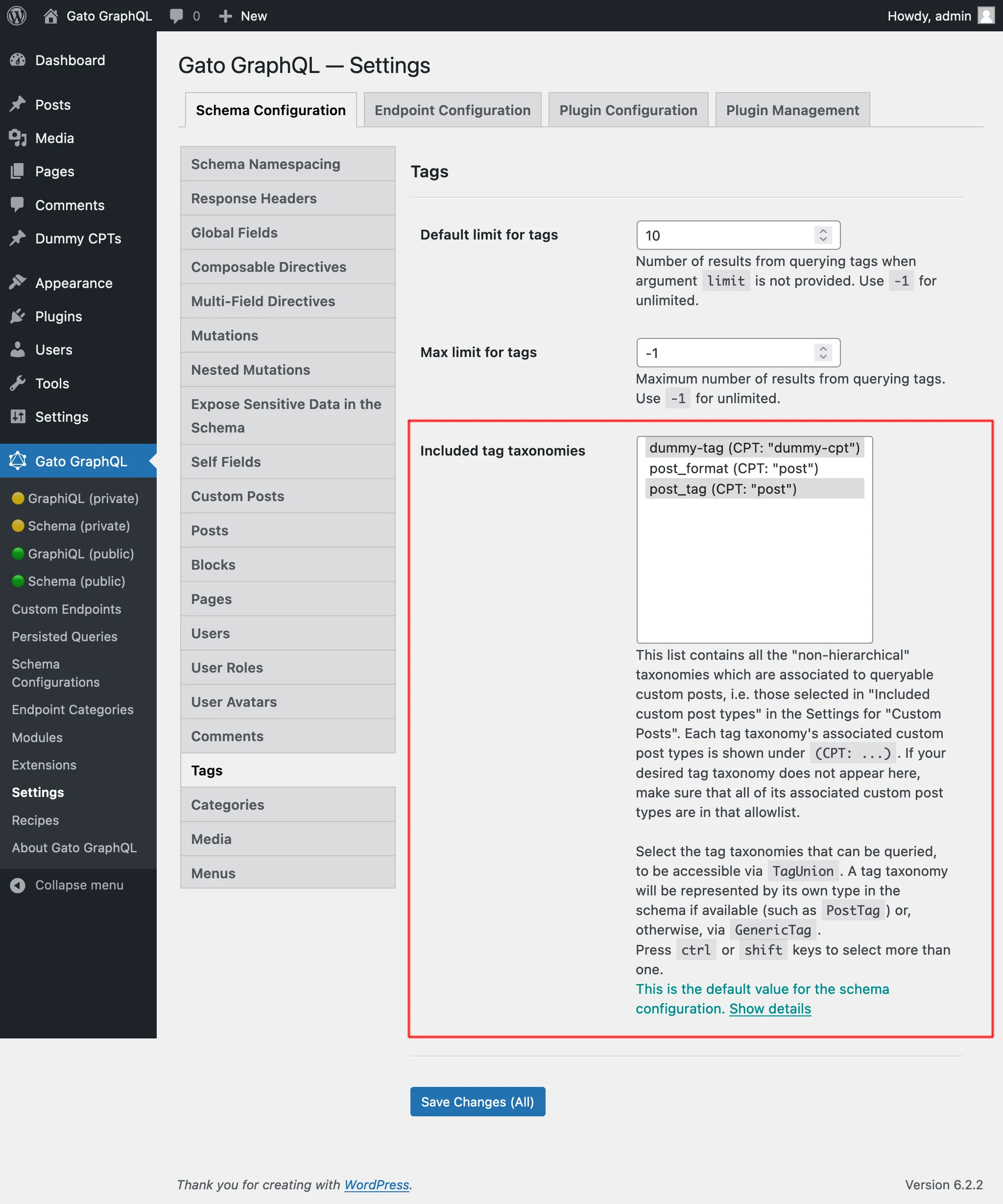 Selecionando as taxonomias de tags permitidas nas Configurações