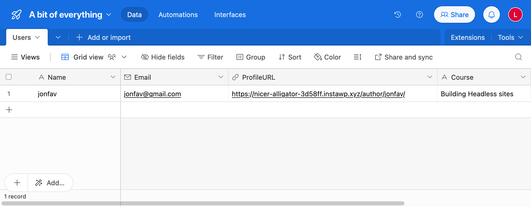 Tabela no AirTable com dados do LMS