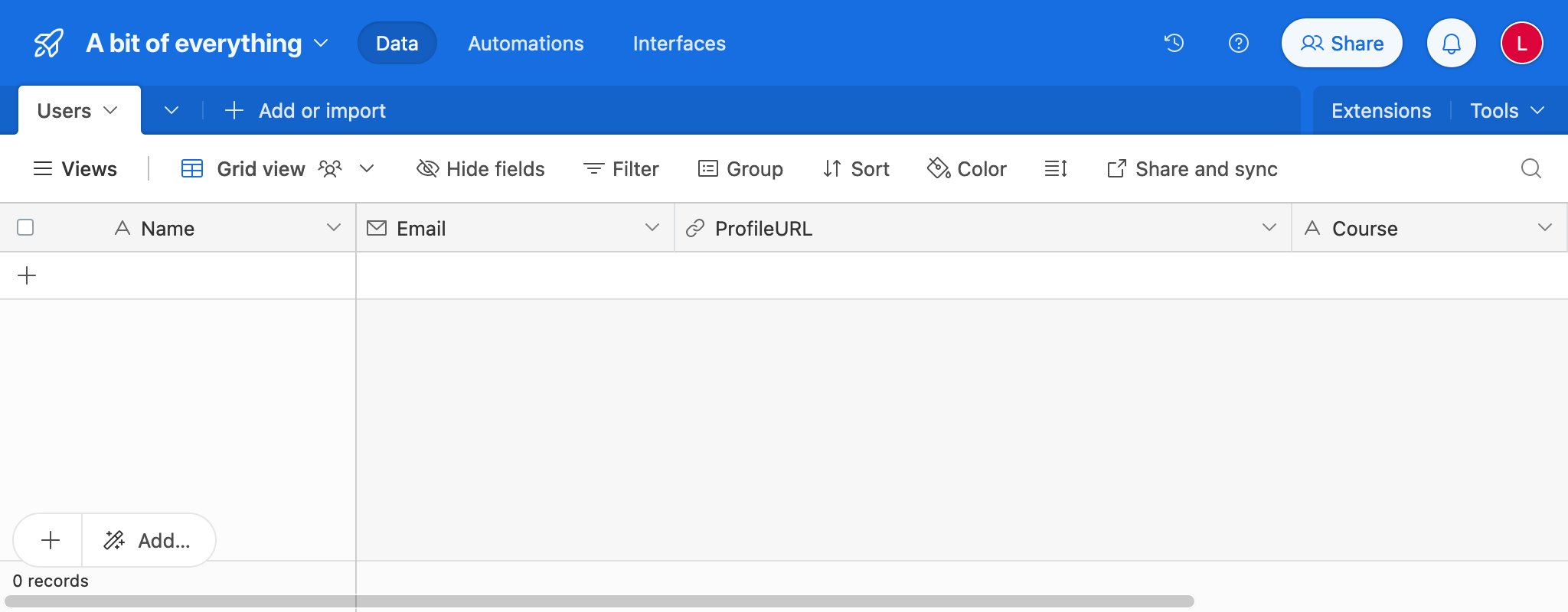 Tabela no AirTable com dados do LMS