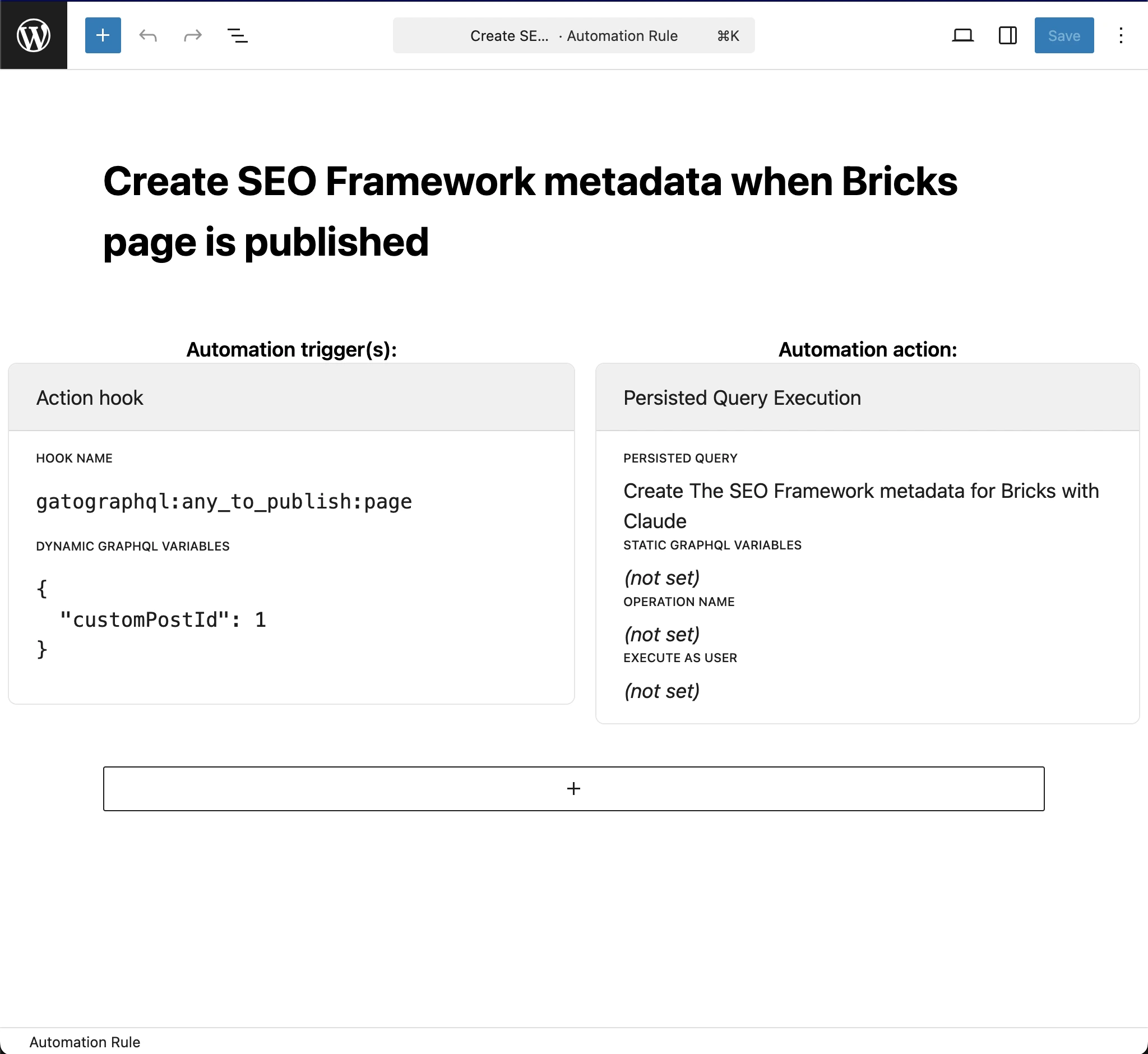 Regra de Automation para criar os metadados do The SEO Framework para Bricks com Claude