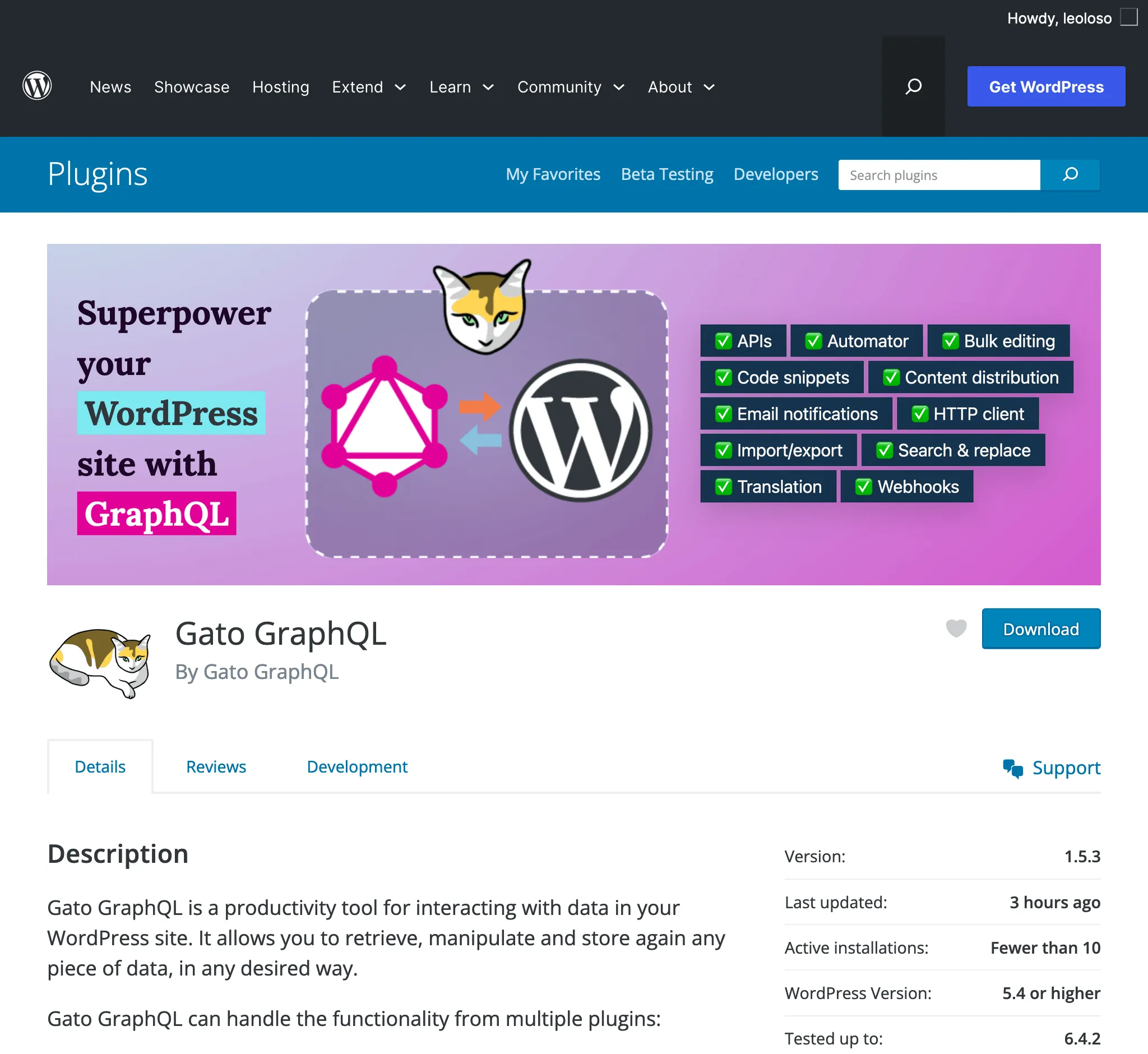 Gato GraphQL no diretório de plugins do WordPress