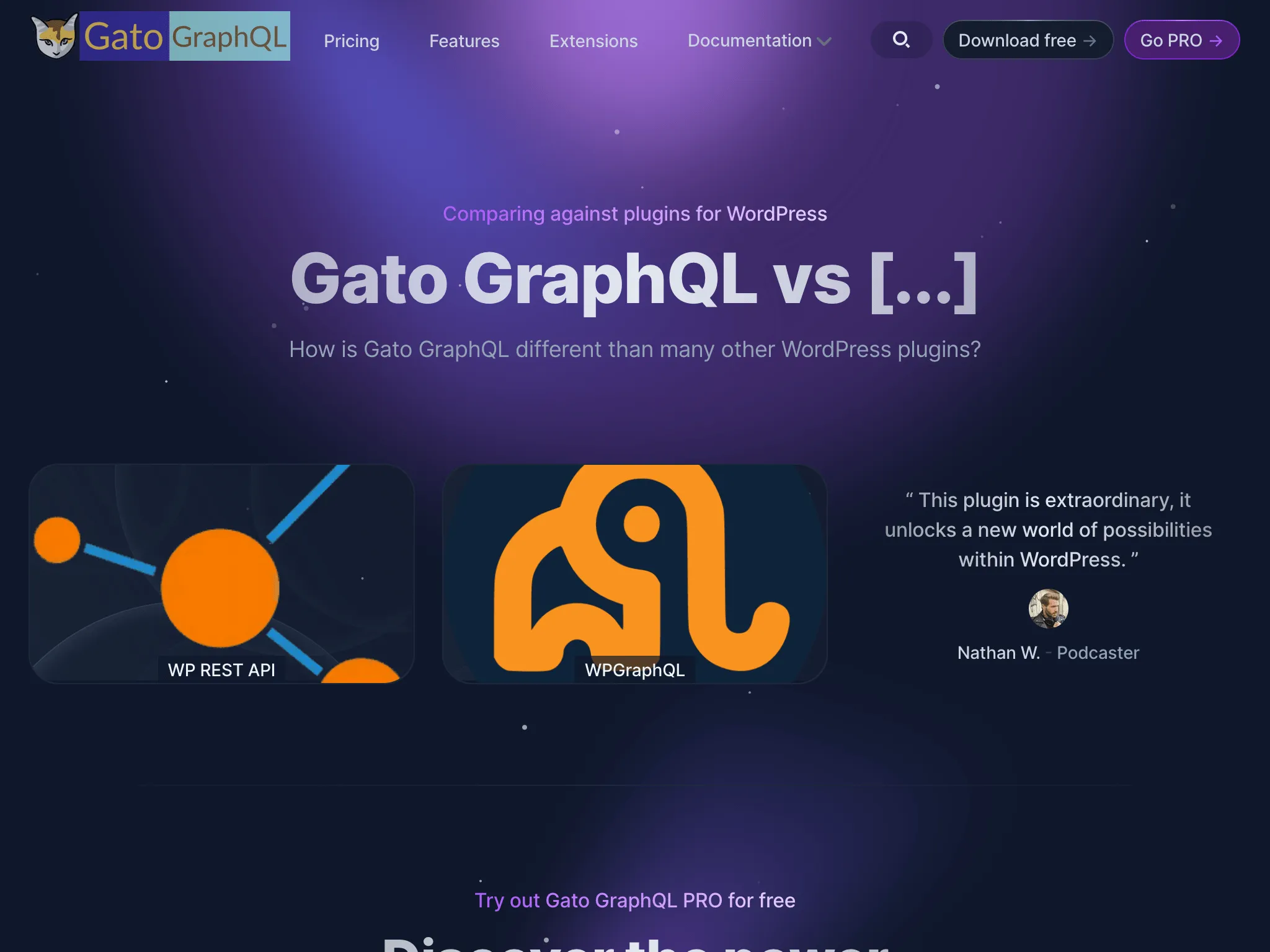 Página de Comparações no novo site do Gato GraphQL