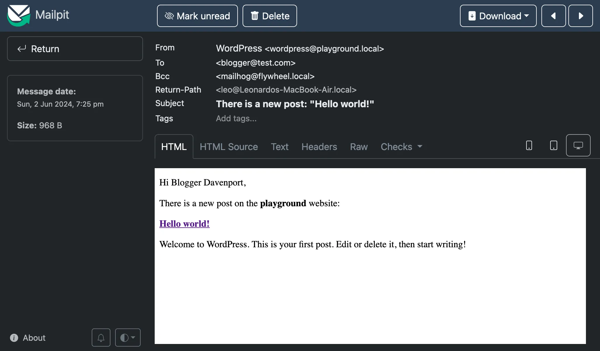 E-mail de notificação sobre novo post enviado ao usuário